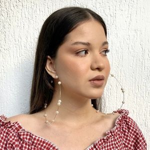 Gold Tone Exaggerated Large Hoop‎ Earrings With White Faux Pearls 4.5in